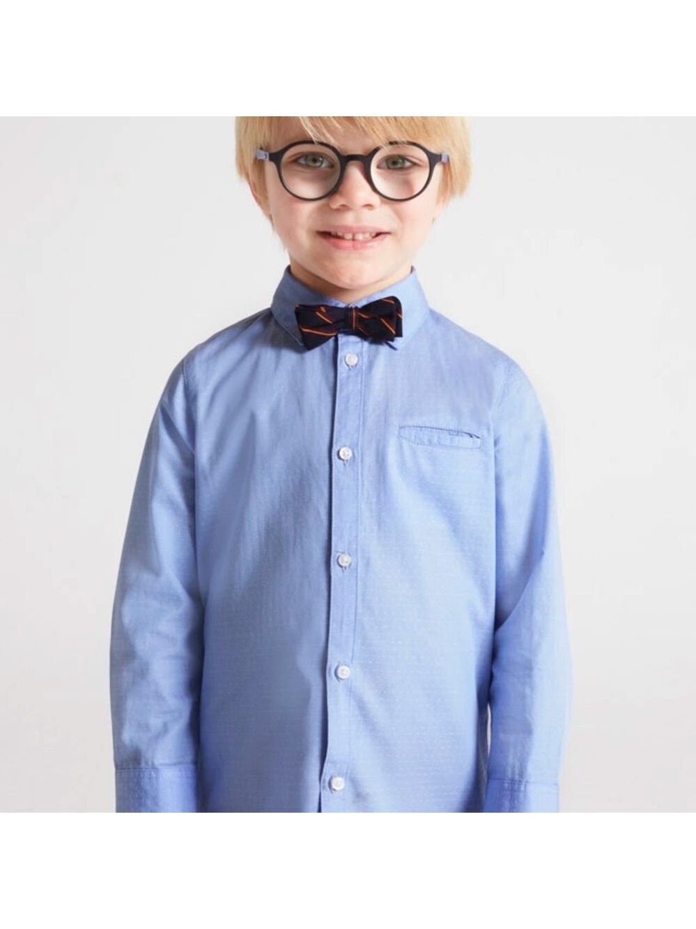 Size 8 Boys Mayoral Light Blue Button Down Shirt with Navy Bow Tie